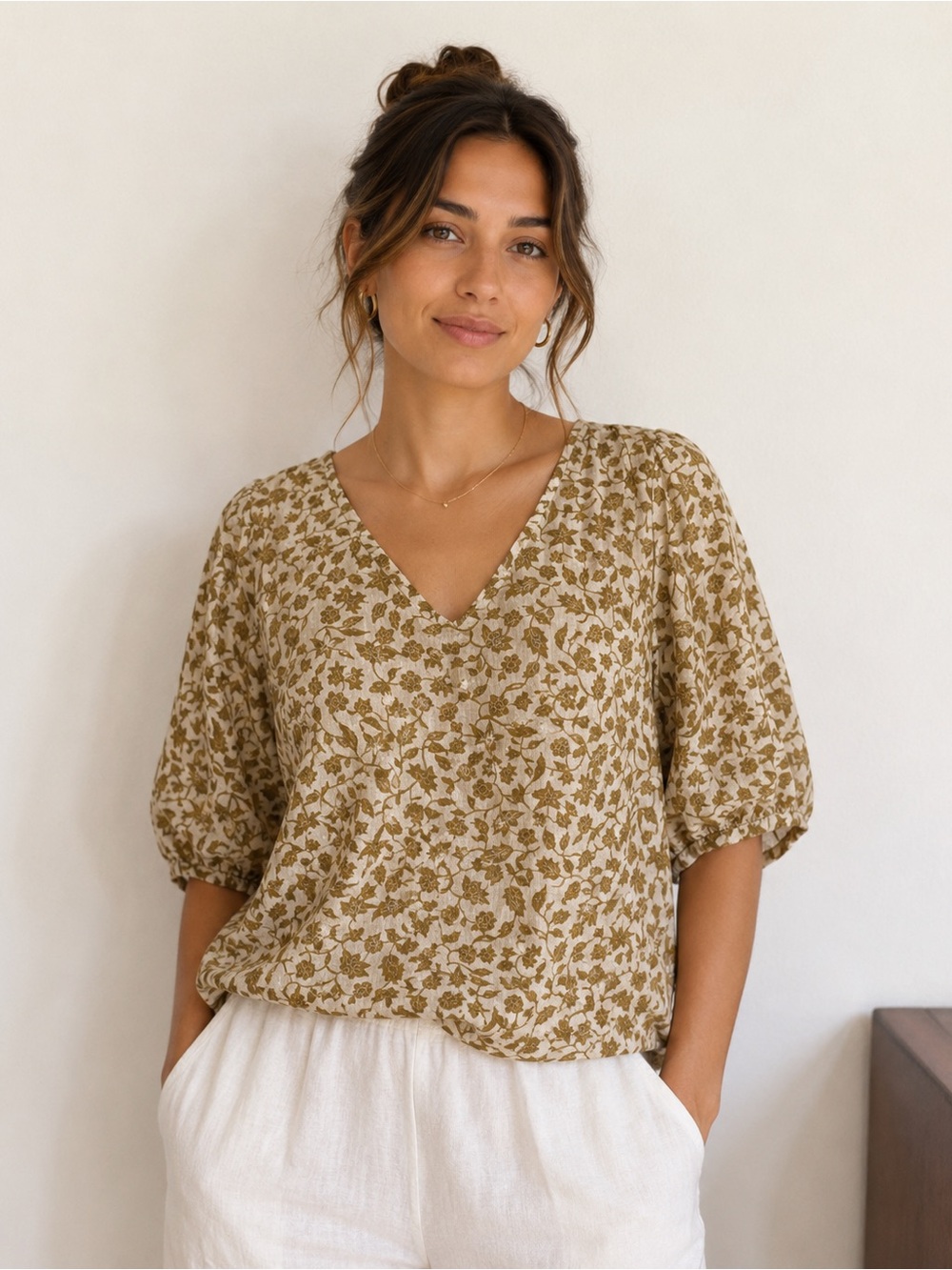 Madewell sz L batik print V-Neck Floral Linen Blend Top in Mustard puff sleeve